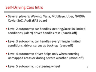 2
Self-Driving Cars Intro
• Several players: Waymo, Tesla, Mobileye, Uber, NVIDIA
Xavier SoC, Audi zFAS board
• Level 2 au...