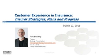 © Copyright Strategy Meets Action 2016© Copyright Strategy Meets Action 2016
Customer Experience in Insurance:
Insurer Strategies, Plans and Progress
0
March 10, 2016
Mark Breading
Partner
Strategy Meets Action
mbreading@strategymeetsaction.com
614.562.8310
Twitter @BreadingSMA
 