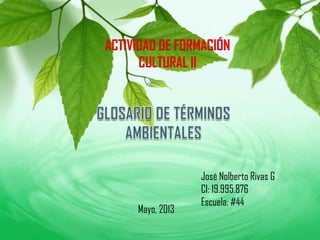 ACTIVIDAD DE FORMACIÓN
CULTURAL II
José Nolberto Rivas G
CI: 19.995.876
Escuela: #44
Mayo, 2013
 
