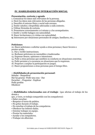 Actividades para el manejo de HABILIDADES SOCIALES. Página 18
IV. HABILIDADES DE INTERACCIÓN SOCIAL
Presentación, cortesía y agrado
1. Comunicar los datos más relevantes de la persona.
2. Decir los datos más relevantes de las personas allegadas.
3. Describir el entorno físico y social más cercano.
4. Emitir saludos y despedidas adecuadas a cada contexto.
5. Utilizar fórmulas de cortesía.
6. Presentarse correctamente a sí mismo y a los acompañantes.
7. Emitir y recibir halagos con naturalidad.
8. Hacer invitaciones y/o visitas con naturalidad.
9. Interesarse por situaciones personales de amigos, familiares, etc...
Peticiones
10. Hacer peticiones o solicitar ayuda a otras personas y hacer favores o
prestar ayuda.
11. Dar y recibir instrucciones.
12. Rechazar peticiones no razonables o inadecuadas.
13. Expresar deseos, opiniones e intenciones.
14. Pedir a otras personas que cambien su conducta en situaciones concretas.
15. Pedir permiso y/o excusarse en situaciones que lo requieran.
16. Proponer y aceptar la participación en juegos.
17. Hacer proposiciones a otras personas para el tiempo libre.
– Habilidades de presentación personal:
Saludar - Despedirse
Dar las gracias -Pedir una cosa - Dar
Escuchar – Preguntar - Explicar
Pedir perdón
Obedecer
– Habilidades relacionadas con el trabajo (que afectan al trabajo de los
demás y
que, a veces, es trabajo compartido con los compañeros):
• Saber escuchar.
• Respetar el turno de palabra.
• No gritar durante el trabajo.
• No estorbar el trabajo de los compañeros.
• Obedecer las órdenes dadas.
• Intentar trabajar en equipo.
• Prestar los materiales.
• Ayudar a los compañeros.
• Trabajar sin alborotar.
 