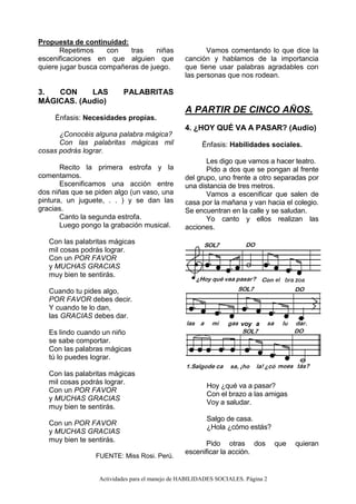 Actividades para el manejo de HABILIDADES SOCIALES. Página 2
Propuesta de continuidad:
Repetimos con tras niñas
escenificaciones en que alguien que
quiere jugar busca compañeras de juego.
3. CON LAS PALABRITAS
MÁGICAS. (Audio)
Énfasis: Necesidades propias.
¿Conocéis alguna palabra mágica?
Con las palabritas mágicas mil
cosas podrás lograr.
Recito la primera estrofa y la
comentamos.
Escenificamos una acción entre
dos niñas que se piden algo (un vaso, una
pintura, un juguete, . . ) y se dan las
gracias.
Canto la segunda estrofa.
Luego pongo la grabación musical.
Con las palabritas mágicas
mil cosas podrás lograr.
Con un POR FAVOR
y MUCHAS GRACIAS
muy bien te sentirás.
Cuando tu pides algo,
POR FAVOR debes decir.
Y cuando te lo dan,
las GRACIAS debes dar.
Es lindo cuando un niño
se sabe comportar.
Con las palabras mágicas
tú lo puedes lograr.
Con las palabritas mágicas
mil cosas podrás lograr.
Con un POR FAVOR
y MUCHAS GRACIAS
muy bien te sentirás.
Con un POR FAVOR
y MUCHAS GRACIAS
muy bien te sentirás.
FUENTE: Miss Rosi. Perú.
Vamos comentando lo que dice la
canción y hablamos de la importancia
que tiene usar palabras agradables con
las personas que nos rodean.
A PARTIR DE CINCO AÑOS.
4. ¿HOY QUÉ VA A PASAR? (Audio)
Énfasis: Habilidades sociales.
Les digo que vamos a hacer teatro.
Pido a dos que se pongan al frente
del grupo, uno frente a otro separadas por
una distancia de tres metros.
Vamos a escenificar que salen de
casa por la mañana y van hacia el colegio.
Se encuentran en la calle y se saludan.
Yo canto y ellos realizan las
acciones.
Hoy ¿qué va a pasar?
Con el brazo a las amigas
Voy a saludar.
Salgo de casa.
¿Hola ¿cómo estás?
Pido otras dos que quieran
escenificar la acción.
 