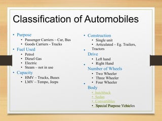 Classification
• Purpose
• Passenger Carriers – Car, Bus
• Goods Carriers - Trucks
• Fuel Used
• Petrol
• Diesel Gas
• Electric
• Steam – not in use
• Capacity
• HMV – Trucks, Buses
• LMV – Tempo, Jeeps
of Automobiles
• Construction
• Single unit
• Articulated – Eg. Trailers,
Tractors
Drive
• Left hand
• Right Hand
Number of Wheels
• Two Wheeler
• Three Wheeler
• Four Wheeler
Body
• hatchback
• Sedan
• Convertibles
• Station Wagons - Vans
•
•
•
• Special Purpose Vehicles
 