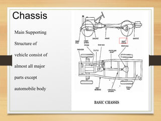 Chassis
Main Supporting
Structure of
vehicle consist of
almost all major
parts except
automobile body
 