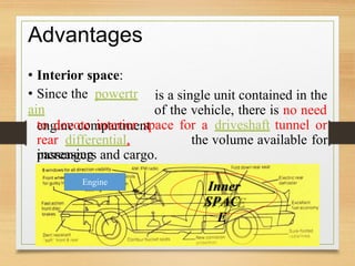 Advantages
• Interior space:
• Since the powertr
ain
engine compartment
is a single unit contained in the
of the vehicle, there is no need
to devote interior space for a driveshaft tunnel or
for
rear differential,
increasing
the volume available
passengers and cargo.
Inner
SPAC
E
Engine
 