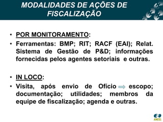 MODALIDADES DE AÇÕES DE FISCALIZAÇÃOPOR MONITORAMENTO:Ferramentas: BMP; RIT; RACF (EAI); Relat. Sistema de Gestão de P&D; informações fornecidas pelos agentes setoriais  e outras.IN LOCO:Visita, após envio de Ofício  escopo; documentação; utilidades; membros da equipe de fiscalização; agenda e outras. 