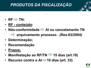 PRODUTOS DA FISCALIZAÇÃORF      TN:RF - conteúdo:Não-conformidade      AI ou cancelamento TN            arquivamento processo . (Res.63/2004)Determinação;RecomendaçãoPrazos:Manifestação ao RF/TN      15 dias (art.19)Recurso contra o AI     10 dias (art. 33) 