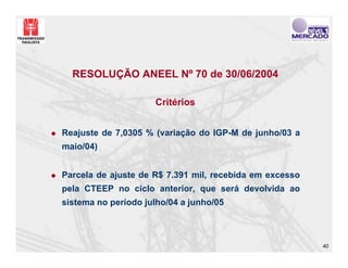 RESOLUÇÃO ANEEL Nº 70 de 30/06/2004

                     Critérios


Reajuste de 7,0305 % (variação do IGP-M de junho/03 a
maio/04)


Parcela de ajuste de R$ 7.391 mil, recebida em excesso
pela CTEEP no ciclo anterior, que será devolvida ao
sistema no período julho/04 a junho/05



                                                         40
 