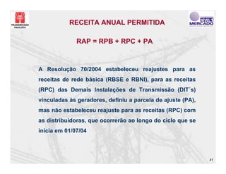 RECEITA ANUAL PERMITIDA

              RAP = RPB + RPC + PA



A Resolução 70/2004 estabeleceu reajustes para as
receitas de rede básica (RBSE e RBNI), para as receitas
(RPC) das Demais Instalações de Transmissão (DIT´s)
vinculadas às geradores, definiu a parcela de ajuste (PA),
mas não estabeleceu reajuste para as receitas (RPC) com
as distribuidoras, que ocorrerão ao longo do ciclo que se
inicia em 01/07/04



                                                             41
 