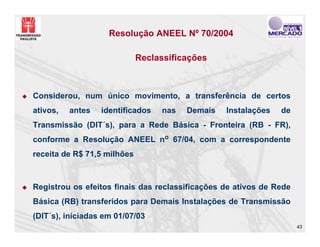 Resolução ANEEL Nº 70/2004

                             Reclassificações



Considerou, num único movimento, a transferência de certos
ativos,   antes   identificados   nas   Demais   Instalações   de
Transmissão (DIT´s), para a Rede Básica - Fronteira (RB - FR),
conforme a Resolução ANEEL no 67/04, com a correspondente
receita de R$ 71,5 milhões



Registrou os efeitos finais das reclassificações de ativos de Rede
Básica (RB) transferidos para Demais Instalações de Transmissão
(DIT´s), iniciadas em 01/07/03
                                                                     43
 