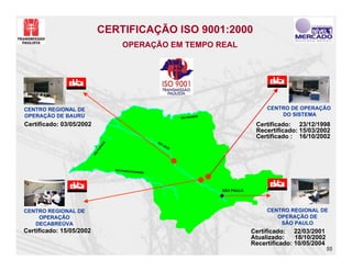 CERTIFICAÇÃO ISO 9001:2000
                                          OPERAÇÃO EM TEMPO REAL




CENTRO REGIONAL DE                                                                                         CENTRO DE OPERAÇÃO
OPERAÇÃO DE BAURU                                                                     E                        DO SISTEMA
                                                                          RIO GRAND

Certificado: 03/05/2002                                                                                Certificado: 23/12/1998
                                                                                                       Recertificado: 15/03/2002
                                                                                                       Certificado : 16/10/2002
                                                            RI
                                 NÁ




                                                              O
                                                                  TIE
                                RA




                                                                     TÊ
                            PA
                            O
                          RI




                                      RIO PARANA
                                                PA   NEMA




                                                                                          SÃO PAULO




CENTRO REGIONAL DE                                                                                         CENTRO REGIONAL DE
    OPERAÇÃO                                                                                                  OPERAÇÃO DE
   DECABREÚVA                                                                                                  SÃO PAULO
Certificado: 15/05/2002                                                                               Certificado: 22/03/2001
                                                                                                      Atualizado:    18/10/2002
                                                                                                      Recertificado: 10/05/2004
                                                                                                                                  55
 