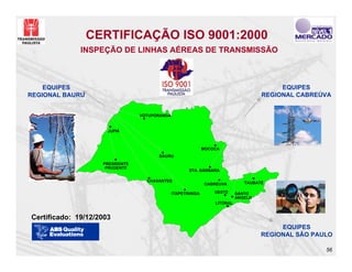 CERTIFICAÇÃO ISO 9001:2000
              INSPEÇÃO DE LINHAS AÉREAS DE TRANSMISSÃO



    EQUIPES                                                                               EQUIPES
REGIONAL BAURU                                                                       REGIONAL CABREÚVA


                                 VOTUPORANGA


                      JUPIÁ



                                                              MOCOCA
                                       BAURU
                    PRESIDENTE
                     PRUDENTE
                                                      STA. BÁRBARA

                                   CHAVANTES                                   TAUBATÉ
                                                               CABREUVA

                                               ITAPETININGA       OESTE     SANTO
                                                                            ANGELO
                                                                  LITORAL


Certificado: 19/12/2003
                                                                                          EQUIPES
                                                                                     REGIONAL SÃO PAULO

                                                                                                     56
 