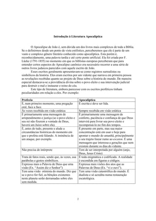 Introdução à Literatura Apocalíptica


        O Apocalipse de João é, sem dúvida um dos livros mais complexos de toda a Bíblia.
Se o definirmos desde um ponto de vista estilístico, perceberemos que ele é parte de um
vasto e complexo gênero literário conhecido como apocalíptica. Esta porém é,
reconhecidamente, uma palavra tardia e até certo ponto artificial. Ela foi criada por F.
Lücke (1791-1855) no momento em que os biblistas europeus perceberam que para
entender certos aspectos do Apocalipse canônico era necessário recorrer a uma série de
outros livros judaicos parecidos com aquele escrito de João.
        Esses escritos geralmente apresentavam-se como registros surrealistas ou
simbólicos da história. Eles eram escritos por um vidente que narrava em primeira pessoa
as revelações recebidas quanto ao projeto de Deus sobre a história do mundo. De maneira
especial destacava-se a providência divina sobre o povo eleito e sua intervenção judicial
para destruir o mal e instaurar o reino do céu.
        Este tipo de literatura, embora parecesse com os escritos proféticos tinham
peculiaridades em relação a eles. Por exemplo:

Profecia                                           Apocalíptica
É, num primeiro momento, uma pregação              É escrita e deve ser lida.
oral, face a face.
Às vezes recebida em visão estática            Sempre recebida em visão estática
É primariamente uma mensagem de                É primariamente uma mensagem de
arrependimento e justiça (se o povo eleito e   conforto, paciência e confiança de que Deus
seu rei não fizerem a vontade de Deus,         intervirá para livrar seu povo eleito e
haverá um Juízo sobre ela).                    recompensá-lo no fim dos tempos.
É, antes de tudo, presente e alude a           É presente em parte, mas sua maior
circunstâncias históricas do momento em        concentração está em usar o hoje para
que o profeta está falando. A iminência de     apontar o mundo do amanhã, principalmente
um ataque, por exemplo.                        o seu trajeto linear rumo ao escaton. É uma
                                               mensagem que interessa a gerações que nem
                                               existem durante os dias do vidente.
Não precisa de intérprete                      Tem de ser interpretada por alguém (anjo,
                                               Deus, Jesus Cristo)
Trata de fatos reais, sendo que, às vezes, usa É toda enigmática e codificada. A realidade
parábolas e gestos simbólicos.                 é escondida em figuras e códigos.
Expressa mais a Palavra de Deus que uma        Expressa mais visões dos atos que as
visão (Ex. “Assim diz o Senhor”)               Palavras de Deus (Ex. “vi e ouvi”).
Tem uma visão otimista do mundo. Diz que Tem uma visão catastrófica do mundo. É
se o povo for fiel, as bênçãos existentes      dualista e só acredita numa restauração
neste planeta serão derramadas sobre eles      escatológica.
sem medida.




                                               2
 