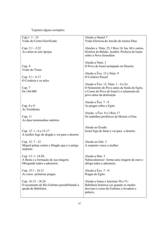 Vejamos alguns exemplos:

Cap.1: 1 - 19                                    Alusão a Daniel 7
Visão do Cristo Glorificado                      Visão Gloriosa do Ancião de muitos Dias

Cap. 2:1 - 3:22                                  Alusões a Núm. 25; I Reis 16; Isa. 60 e outros.
As cartas às sete Igrejas                        História de Balaão, Jazabel, Profecia de Isaías
                                                 sobre a Nova Jerusalém

                                                 Alusão a Núm. 1
Cap. 4                                           O Povo de Israel acampado no Deserto
Visão do Trono
                                                 Alusão a Êxo. 12 e Núm. 9
Cap. 5:1 - 6:17                                  O Cordeiro Pascal
O Cordeiro e os selos
                                                 Alusão a Êxo. 12, Núm. 1 - 4 e Ez.
Cap. 7                                           O Selamento do Povo antes da Saída do Egito,
Os 144.000                                       o Censo do Povo de Israel e o selamento do
                                                 povo antes da destruíção

                                                 Alusão a Êxo. 7 - 9
Cap. 8 e 9                                       As pragas sobre o Egito
As Trombetas
                                                 Alusão a Êxo. 8 e I Reis 17
Cap. 11                                          Os trabalhos proféticos de Moisés e Elias
As duas testemunhas mártires

                                                 Alusão ao Êxodo:
Cap. 12: 1 - 6 e 13-17                           Israel foge de faraó e vai para o deserto.
A mulher foge do dragão e vai para o deserto.

Cap. 12: 7 - 12                                  Alusão ao Gên. 3
Miguel peleja contra o Dragão que é a antiga     A serpente vence a mulher.
serpente.

Cap. 13: 1- 14:20.                               Alusão a Dan. 3
A Besta e a formação de sua imagem.              Nabucodonosor forma uma imagem de ouro e
Obrigando todos a adorarem.                      obriga todos a adorarem.

Cap. 15:1 - 16:11                                Alusão a Êxo. 7 - 9:
As cinco primeiras pragas.                       Pragas do Egito.

Cap. 16:12 - 18:24                               Alusão a Isaías e Jeremias 50 e 51:
O secamento do Rio Eufrates possibilitando a     Babilônia histórica cai quando os medos
queda de Babilônia.                              desviam o curso do Eufrates e invadem o
                                                 palácio.


                                            47
 