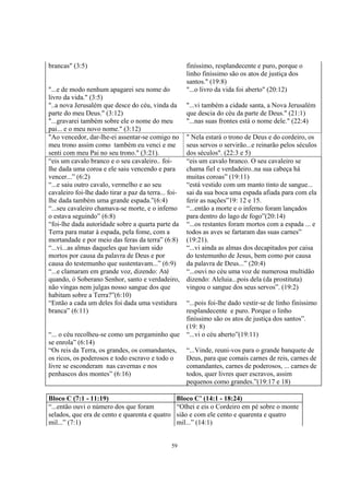 brancas" (3:5)                                        finíssimo, resplandecente e puro, porque o
                                                      linho finíssimo são os atos de justiça dos
                                                      santos." (19:8)
"...e de modo nenhum apagarei seu nome do             "...o livro da vida foi aberto" (20:12)
livro da vida." (3:5)
"..a nova Jerusalém que desce do céu, vinda da        "...vi também a cidade santa, a Nova Jerusalém
parte do meu Deus." (3:12)                            que descia do céu da parte de Deus." (21:1)
"...gravarei também sobre ele o nome do meu           "...nas suas frontes está o nome dele." (22:4)
pai... e o meu novo nome." (3:12)
"Ao vencedor, dar-lhe-ei assentar-se comigo no        " Nela estará o trono de Deus e do cordeiro, os
meu trono assim como também eu venci e me             seus servos o servirão...e reinarão pelos séculos
senti com meu Pai no seu trono." (3:21).              dos séculos". (22:3 e 5)
“eis um cavalo branco e o seu cavaleiro.. foi-        “eis um cavalo branco. O seu cavaleiro se
lhe dada uma coroa e ele saiu vencendo e para         chama fiel e verdadeiro..na sua cabeça há
vencer...” (6:2)                                      muitas coroas” (19:11)
“...e saiu outro cavalo, vermelho e ao seu            “está vestido com um manto tinto de sangue...
cavaleiro foi-lhe dado tirar a paz da terra... foi-   sai da sua boca uma espada afiada para com ela
lhe dada também uma grande espada.”(6:4)              ferir as nações”19: 12 e 15.
“...seu cavaleiro chamava-se morte, e o inferno       “...então a morte e o inferno foram lançados
o estava seguindo” (6:8)                              para dentro do lago de fogo”(20:14)
“foi-lhe dada autoridade sobre a quarta parte da      “...os restantes foram mortos com a espada ... e
Terra para matar à espada, pela fome, com a           todos as aves se fartaram das suas carnes”
mortandade e por meio das feras da terra” (6:8)       (19:21).
“...vi...as almas daqueles que haviam sido            “...vi ainda as almas dos decapitados por caisa
mortos por causa da palavra de Deus e por             do testemunho de Jesus, bem como por causa
causa do testemunho que sustentavam...” (6:9)         da palavra de Deus...” (20:4)
“...e clamaram em grande voz, dizendo: Até            “...ouvi no céu uma voz de numerosa multidão
quando, ó Soberano Senhor, santo e verdadeiro,        dizendo: Aleluia...pois dela (da prostituta)
não vingas nem julgas nosso sangue dos que            vingou o sangue dos seus servos”. (19:2)
habitam sobre a Terra?”(6:10)
“Então a cada um deles foi dada uma vestidura  “...pois foi-lhe dado vestir-se de linho finíssimo
branca” (6:11)                                 resplandecente e puro. Porque o linho
                                               finíssimo são os atos de justiça dos santos”.
                                               (19: 8)
“... o céu recolheu-se como um pergaminho que “...vi o céu aberto”(19:11)
se enrola” (6:14)
“Os reis da Terra, os grandes, os comandantes, “...Vinde, reuni-vos para o grande banquete de
os ricos, os poderosos e todo escravo e todo o Deus, para que comais carnes de reis, carnes de
livre se esconderam nas cavernas e nos         comandantes, carnes de poderosos, ... carnes de
penhascos dos montes” (6:16)                   todos, quer livres quer escravos, assim
                                               pequenos como grandes.”(19:17 e 18)

Bloco C (7:1 - 11:19)                            Bloco C’ (14:1 - 18:24)
“...então ouvi o número dos que foram            “Olhei e eis o Cordeiro em pé sobre o monte
selados, que era de cento e quarenta e quatro    sião e com ele cento e quarenta e quatro
mil...” (7:1)                                    mil...” (14:1)


                                                59
 