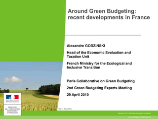Around Green Budgeting:
recent developments in France
Alexandre GODZINSKI
Head of the Economic Evaluation and
Taxation Unit
French Ministry for the Ecological and
Inclusive Transition
Paris Collaborative on Green Budgeting
2nd Green Budgeting Experts Meeting
29 April 2019
 
