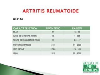 ARTRITIS REUMATOIDE
n: 3143


CARACTERISTICA                 PROMEDIO   RANGO
EDAD                              54       1...