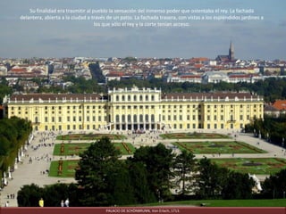 PALACIO CHIGI- ODESCALCHI.
Bernini, 1664.
Además, en el palacio Chigi-Odescalchi Bernini diferencia tres cuerpos en fachada, retranqueando los dos laterales
y haciendo avanzar el cuerpo central. Este cuerpo central se articula con un orden gigante en los dos pisos nobles y
se corona con una balaustrada decorada con estatuas. Todavía, el eje central sobresale un poco más y se enfatiza
uniendo portada y balcón principal. De esta manera, el movimiento aumenta gradualmente desde los extremos
hacia el centro, de una manera muy parecida a como estaba ocurriendo en las fachadas de las iglesias barrocas.
Bernini está fijando el modelo de palacio nobiliario europeo del pleno Barroco.
 