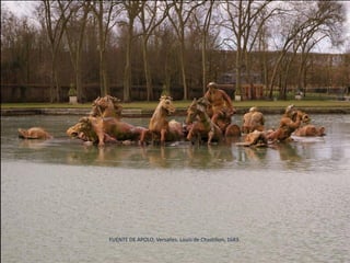 El segundo escalón del jardín
estaba formado por diversos
bosquecillos perfectamente
urbanizados, pero donde los
árboles crecían con mayor
libertad. Eran un contrapunto a
la estricta regularidad del
trazado general de los jardines.
Entre ellos se dispusieron
pequeños estanques, glorietas
con estatuas y fuentes alusivas
al poder de la monarquía.
JARDINES DE VERSALLES. André Le Nôtre. S. XVII-XVIII.
 