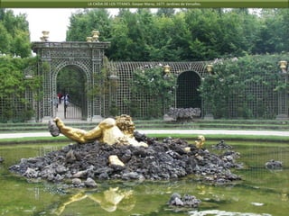 Acondicionada por Le Nôtre entre 1680 y 1683, la Sala del Baile se denomina también Bosquete de las Rocallas por las
piedras por las que discurre el agua en cascada. En el centro, una "isla" de mármol, a la que se accedía fácilmente, se
destinaba a la danza, arte en el que se ilustraba Luis XIV. Los músicos se situaban por encima de la cascada y, enfrente, un
anfiteatro con las gradas recubiertas de césped permitía sentarse a los espectadores.
JARDINES DE VERSALLES.
Bosquete de la Sala de Baile.
André Le Nôtre. S. XVII.
 
