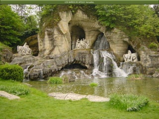 JARDINES DE VERSALLES.
Bosquete de las tres fuentes.
André Le Nôtre. S. XVII.
Creado por le Nôtre
en 1677, se
compone de tres
terrazas de las que
cada una presenta
una fuente
diferente.
Restaurado desde
2005, recuperó su
magnífica
composición y sus
juegos de agua
ideados por el
soberano: en la
fuente inferior, los
chorros forman una
flor de lis, en el
centro, unas lanzas
verticales y una
bóveda de agua, y
por último, en la
parte superior, una
columna de agua
formada por ciento
cuarenta chorros.
 