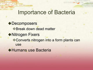 Importance of Bacteria
Decomposers
 Break down dead matter
Nitrogen Fixers
 Converts nitrogen into a form plants can
   use
Humans use Bacteria
 