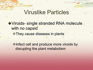 Viruslike Particles
Viroids- single stranded RNA molecule
 with no capsid
  They cause diseases in plants

  Infect cell and produce more viroids by
   disrupting the plant metabolism
 