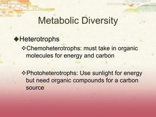 Metabolic Diversity
Heterotrophs
 Chemoheterotrophs: must take in organic
  molecules for energy and carbon

  Photoheterotrophs: Use sunlight for energy
   but need organic compounds for a carbon
   source
 