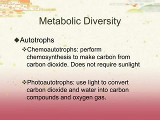 Metabolic Diversity
Autotrophs
 Chemoautotrophs: perform
  chemosynthesis to make carbon from
  carbon dioxide. Does not require sunlight

  Photoautotrophs: use light to convert
   carbon dioxide and water into carbon
   compounds and oxygen gas.
 