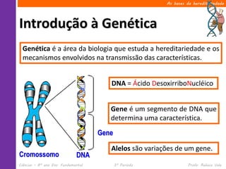 Ciências – 8º ano Ens. Fundamental 3º Período Profa. Rebeca Vale
Introdução à Genética
As bases da hereditariedade
Genética é a área da biologia que estuda a hereditariedade e os
mecanismos envolvidos na transmissão das características.
Cromossomo DNA
DNA = Ácido DesoxirriboNucléico
Gene é um segmento de DNA que
determina uma característica.
Gene
Alelos são variações de um gene.
 