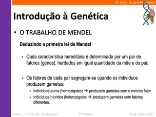 As bases da hereditariedade




Introdução à Genética
• O TRABALHO DE MENDEL
     Deduzindo a primeira lei de Mendel

         Cada característica hereditária é determinada por um par de
          fatores (genes), herdados em igual quantidade da mãe e do pai;

         Os fatores de cada par segregam-se quando os indivíduos
          produzem gametas:
               Indivíduos puros (homozigotos)  produzem gametas com o mesmo fator
               Indivíduos híbridos (heterozigotos  produzem gametas com fatores
                diferentes.

Ciências – 8º ano Ens. Fundamental       3º Período                     Profa. Rebeca Vale
 