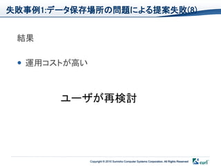 失敗事例1:データ保存場所の問題による提案失敗(8)


 結果

  運用コストが高い



       ユーザが再検討




              Copyright © 2010 Sumisho Computer Systems Corporation. All Rights Reserved
 