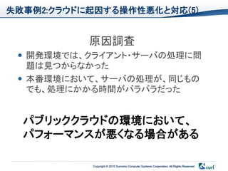 失敗事例2:クラウドに起因する操作性悪化と対応(5)


           原因調査
  開発環境では、クライアント・サーバの処理に問
   題は見つからなかった
  本番環境において、サーバの処理が、同じもの
   でも、処理にかかる時間がバラバラだった


  パブリッククラウドの環境において、
  パフォーマンスが悪くなる場合がある

           Copyright © 2010 Sumisho Computer Systems Corporation. All Rights Reserved
 