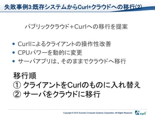 失敗事例3:既存システムからCurl+クラウドへの移行(2)


    パブリッククラウド+Curlへの移行を提案

  Curlによるクライアントの操作性改善
  CPUパワーを動的に変更
  サーバアプリは、そのままでクラウドへ移行

 移行順
 ① クライアントをCurlのものに入れ替え
 ② サーバをクラウドに移行

            Copyright © 2010 Sumisho Computer Systems Corporation. All Rights Reserved
 