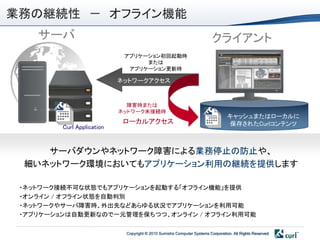 業務の継続性 － オフライン機能
    サーバ                                                                  クライアント
                             アプリケーション初回起動時
                                  または
                              アプリケーション更新時

                            ネットワークアクセス


                              障害時または
                            ネットワーク未接続時
                                                                                 キャッシュまたはローカルに
                             ローカルアクセス                                            保存されたCurlコンテンツ
         Curl Application


    サーバダウンやネットワーク障害による業務停止の防止や、
 細いネットワーク環境においてもアプリケーション利用の継続を提供します

 ・ネットワーク接続不可な状態でもアプリケーションを起動する「オフライン機能」を提供
 ・オンライン / オフライン状態を自動判別
 ・ネットワークやサーバ障害時、外出先などあらゆる状況でアプリケーションを利用可能
 ・アプリケーションは自動更新なので一元管理を保ちつつ、オンライン / オフライン利用可能

                             Copyright © 2010 Sumisho Computer Systems Corporation. All Rights Reserved
 