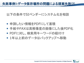 失敗事例1:データ保存場所の問題による提案失敗(2)


 以下の条件でSIベンダーにシステム化を相談

    申請したい情報をPDFにして蓄積
    手紙やFAXは高解像度の画像にした後PDF化
    PDFに対し、検索用キーワードの紐付け
    1年以上前のデータはバックアップへ移動




             Copyright © 2010 Sumisho Computer Systems Corporation. All Rights Reserved
 