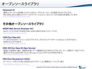 オープンソースライブラリ
・Advanced-UI
 標準コンポーネントを拡張したよりリッチなユーザインターフェースを提供するライブラリです。
 例えばMacのDock風なコントロールやアニメーションビューなどインパクトのあるUIを提供しています。
 http://sourceforge.net/projects/curl-advancedui/




その他オープンソースライブラリ
・WSDK＇Web Service Developer Kit（
 Webサービス＇SOAP（の利用やXML＇DOM（を扱うためのパッケージです。
 http://sourceforge.net/projects/curl-wsdk


・CDK＇Curl Data Kit（
 データアクセスのオープンソースライブラリです。クライアントデータベース＇SQLite（へのアクセスに
 利用することができます。
 http://sourceforge.net/projects/curl-cdk


・CDK-DS＇Curl Data Kit Data Service)
 高速かつ拡張性に優れ、信頼性の高いデータ通信を行うためのライブラリです。サーバ間のデータをバイナリ
 通信で行うAdobe社のAMF＇Action Message Format（プロトコルが利用できます。
 http://www.curl.com/developer/libraries/cdkds/


・CDU＇Curl Development Utility)
 オープンソースのテスト等に利用されるアプリケーション開発のユーティリティ群で
 http://sourceforge.net/projects/curl-dev-utils

                                                    Copyright © 2010 Sumisho Computer Systems Corporation. All Rights Reserved
 