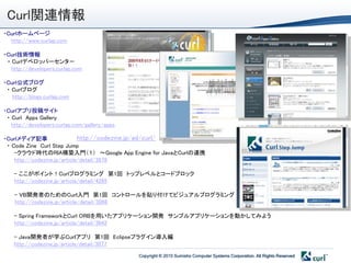 Curl関連情報
・Curlホームページ
  http://www.curlap.com

・Curl技術情報
 ・ Curlデベロッパーセンタ－
   http://developers.curlap.com

・Curl公式ブログ
 ・ Curlブログ
   http://blogs.curlap.com

・Curlアプリ投稿サイト
 ・ Curl Apps Gallery
   http://developers.curlap.com/gallery/apps

・Curlメディア記事                   http://codezine.jp/ad/curl/
 ・ Code Zine Curl Step Jump
    -クラウド時代のRIA構築入門＇１（ ～Google App Engine for JavaとCurlの連携
    http://codezine.jp/article/detail/3878

    - ここがポイント！Curlプログラミング 第1回 トップレベルとコードブロック
    http://codezine.jp/article/detail/4285

    - VB開発者のためのCuｒｌ入門 第1回 コントロールを貼り付けてビジュアルプログラミング
    http://codezine.jp/article/detail/3068

    - Spring FrameworkとCurl ORBを用いたアプリケーション開発 サンプルアプリケーションを動かしてみよう
    http://codezine.jp/article/detail/3842

    - Java開発者が学ぶCuｒｌアプリ 第1回 Eclipseプラグイン導入編
    http://codezine.jp/article/detail/3077
                                               Copyright © 2010 Sumisho Computer Systems Corporation. All Rights Reserved
 
