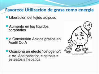 Favorece Utilizacion de grasa como energia
Liberacion del tejido adiposo

Aumento en los liquidos
 corporales

> Conversión Acidos grasos en
 Acetil Co A

Ocasiona un efecto “cetogeno”:
 > Ac. Acetoacetico = cetosis =
 esteatosis hepatica
 