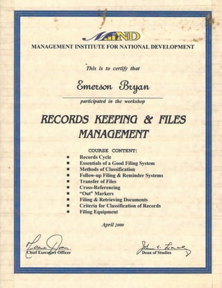 Certificate: Recordkeeping and Files Management