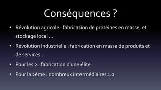 Conséquences ?
• Révolution agricole : fabrication de protéines en masse, et
stockage local ...
• Révolution Industrielle : fabrication en masse de produits et
de services..
• Pour les 2 : fabrication d’une élite
• Pour la 2ème : nombreux intermédiaires 1.0
 