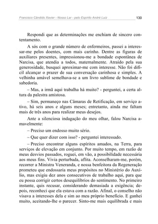 Francisco Cândido Xavier - Nosso Lar - pelo Espírito André Luiz 130
Respondi que as determinações me enchiam de sincero con-
tentamento.
A sós com o grande número de enfermeiros, passei a interes-
sar-me pelos doentes, com mais carinho. Dentre as figuras de
auxiliares presentes, impressionou-me a bondade espontânea de
Narcisa, que atendia a todos, maternalmente. Atraído pela sua
generosidade, busquei aproximar-me com interesse. Não foi difí-
cil alcançar o prazer de sua conversação carinhosa e simples. A
velhinha amável semelhava-se a um livro sublime de bondade e
sabedoria.
– Mas, a irmã aqui trabalha há muito? - perguntei, a certa al-
tura da palestra amistosa.
– Sim, permaneço nas Câmaras de Retificação, em serviço a-
tivo, há seis anos e alguns meses; entretanto, ainda me faltam
mais de três anos para realizar meus desejos.
Ante a silenciosa indagação do meu olhar, falou Narcisa a-
mavelmente:
– Preciso um endosso muito sério.
– Que quer dizer com isso? - perguntei interessado.
– Preciso encontrar alguns espíritos amados, na Terra, para
serviços de elevação em conjunto. Por muito tempo, em razão de
meus desvios passados, roguei, em vão, a possibilidade necessária
aos meus fins. Vivia perturbada, aflita. Aconselharam-me, porém,
recorrer a Ministra Veneranda, e nossa benfeitora da Regeneração
prometeu que endossaria meus propósitos no Ministério do Auxí-
lio, mas exigiu dez anos consecutivos de trabalho aqui, para que
eu possa corrigir certos desequilíbrios do sentimento. No primeiro
instante, quis recusar, considerando demasiada a exigência; de-
pois, reconheci que ela estava com a razão. Afinal, o conselho não
visava a interesses dela e sim ao meu próprio benefício. E ganhei
muito, aceitando-lhe o parecer. Sinto-me mais equilibrada e mais
 