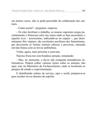 Francisco Cândido Xavier - Nosso Lar - pelo Espírito André Luiz 157
em muitos casos, não se pode prescindir da colaboração dos ani-
mais.
– Como assim? - perguntei, surpreso.
– Os cães facilitam o trabalho, os muares suportam cargas pa-
cientemente e fornecem calor nas zonas onde se faça necessário; e
aquelas aves - acrescentou, indicando-as no espaço -, que deno-
minamos íbis viajores, são excelentes auxiliares dos Samaritanos,
por devorarem as formas mentais odiosas e perversas, entrando
em luta franca com as trevas umbralinas.
Vinha, agora, mais próxima a caravana.
Narcisa fixou-me com bondosa atenção, rematando:
– Mas, no momento, o dever não comporta minudências in-
formativas. Poderá colher valiosas lições sobre os animais, não
aqui, mas no Ministério do Esclarecimento, onde se localizam os
parques de estudo e experimentação.
E distribuindo ordens de serviço, aqui e acolá, preparava-se
para receber novos doentes do espírito.
 