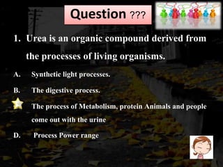 Question ??? 
1. Urea is an organic compound derived from 
the processes of living organisms. 
A. Synthetic light processe...