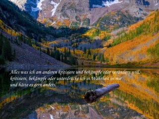 Alles was ich am anderen kritisiere und bekämpfe oder verändern will,
kritisiere, bekämpfe oder unterdrücke ich in Wahrheit in mir 
und hätte es gern anders.
 