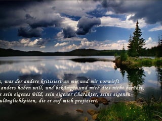 s, was der andere kritisiert an mir und mir vorwirft
anders haben will, und bekämpft und mich dies nicht berührt,
s sein eigenes Bild, sein eigener Charakter, seine eigenen
ulänglichkeiten, die er auf mich projiziert.
 