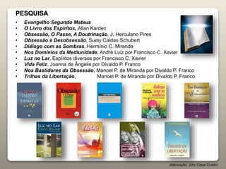 PESQUISA
• Evangelho Segundo Mateus
• O Livro dos Espíritos, Allan Kardec
• Obsessão, O Passe, A Doutrinação, J, Herculano Pires
• Obsessão e Desobsessão, Suely Caldas Schubert
• Diálogo com as Sombras, Hermínio C. Miranda
• Nos Domínios da Mediunidade, André Luiz por Francisco C. Xavier
• Luz no Lar, Espíritos diversos por Francisco C. Xavier
• Vida Feliz, Joanna de Ângelis por Divaldo P. Franco
• Nos Bastidores da Obsessão, Manoel P. de Miranda por Divaldo P. Franco
• Trilhas da Libertação, Manoel P. de Miranda por Divaldo P. Franco
elaboração: Júlio César Evadro
 