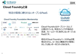 ? 2015 IBM Corporation
12
Cloud FoundryȤ
ضέh˿`ʤ`ץPaaS
Cloud Foundryϥ`ץ󥽩`Ȥ
_Ƥ롢ضΥեԤ
Zե``椷ʤ`ץ
PaaSǤ
Cloud Foundry٩`PaaSh
Ϥ󡢥`˘B줿h
Ƥߤݩ`ӥƥޤ
 