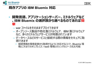 ? 2015 IBM Corporation
ȴ楢ץ IBM Bluemix 
? _kZץꥱ`󥵩`Щ`ߥɥ륦ʤ
IBM Bluemix xk֫x٤ΤǤк
g
C war ե򤽤ΤޤޥǥץǤޤ
C `ץ󥽩`uƷuߥɥ륦 IBM uߥɥ륦
ʤɡयΥߥɥ륦`ӥ⤵Ƥޤ
C ǩ`٩`ʤɤΥ`ӥȽӾAH򥻥奢ȡ
äǤޤ
? ӾAhȡä褦ˌꤹ뤳ȤǡBluemix h
ȤޤǤΥץߥ / IaaS hȤΥ󥰥륽`
 