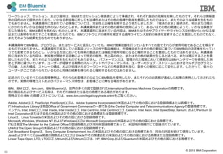 ? 2015 IBM Corporation
53
`åסå󡢤YϤϡIBMޤϥåkߤˤäƜʂ䤵졢줾ԤҊӳΤǤ
ĿĤΤߤṩƤꡢʤμߤˌƤⷨɵĤޤϤָԤΤǤϤʤޤΤ褦ʽY
Ǥ⤢ޤ󡣱vYϤ˺ޤƤˤĤƤϡȫԤ_Ԥڤ褦ŬޤF״Τޤޡṩ졢ʾޤϰʾ
ˤ餺ʤ뱣^ʤΤȤޤvYϤޤϤYϤʹäˤäơ뤤ϤvBˤäơʤp
Ϥ⡢IBM؟ΤؓʤΤȤޤ vYϤ˺ޤƤݤϡIBMޤϤΥץ饤`饤󥹽ߤ餤ʤ뱣
^ޤϱȤΤǤ⡢IBMեȥʹäҎmå饤s헤뤳ȤΤǤʤ
ޤΤ褦ʽYΤǤ⤢ޤ
vYϤIBMuƷץࡢޤϥ`ӥԼƤƤ⡢IBMӘIӤФäƤ뤹٤ƤιǤ餬ʹÿܤǤ뤳Ȥʾ
ΤǤϤޤ󡣱vYϤԼƤuƷ`ոuƷCܤϡЈCޤϤҪ˻ŤIBMԤΛQؤäƤ
ĤǤǤΤȤʤ뷽ˤƤ⽫uƷޤϙCܤʹÿܤˤʤȴ_s뤳ȤΤǤϤޤ󡣱vY
Ϥ˺ޤƤݤϡμߤ_ʼӤˤäض؜ӡϸߤϡޤϤνY٤롢ޤϰʾ뤳Ȥ
ΤǤ⡢ޤΤ褦ʽYΤǤ⤢ޤ ѥե`ޥ󥹤ϡ줿hˤƘ˜ʵĤIBM٥ީ`ʹäy
y˻ŤƤޤ``UYgHΥ`ץåȤѥե`ޥ󥹤ϡ``Υ?ȥ`ˤޥץߥ
ɡȥ`ɡӄI``ɤʤɤο]헤򺬤ࡢयҪˏꤸƉ仯ޤäơ
``٤ƤΤͬνYäȴ_sΤǤϤޤ
ӛƤ뤹٤ƤΤ͘ϡΤ͘ɤΤ褦IBMuƷʹäޤΤ͘_ɤYΌgȤʾ줿
ΤǤgHέhȤӥѥե`ޥԤϡ͘ȤˮʤϤޤ
IBMIBM ibm.comIBM Bluemixϡζयιǵh줿International Business Machines Corporation̘ˤǤ
uƷӥ`ӥȤϡ줾IBMޤϸ̘ˤǤϤޤ
FrǤ IBM ̘˥ꥹȤˤĤƤϡwww.ibm.com/legal/copytrade.shtmlE
Adobe, Adobe, PostScript, PostScriptϡAdobe Systems Incorporated׹Ӥιˤh̘ˤޤ̘ˤǤ
IT Infrastructure LibraryӢOffice of Government CommerceһǤthe Central Computer and Telecommunications Agencyεh̘ˤǤ
ƥ, Intel, Intel, Intel Inside, Intel Inside, Intel Centrino, Intel Centrino, Celeron, Intel Xeon, Intel SpeedStep, Itanium, Pentium 
Intel Corporationޤӻ׹Ӥιˤ̘ˤޤϵh̘ˤǤ
LinuxϡLinus Torvalds׹Ӥιˤh̘ˤǤ
Microsoft, Windows, Windows NT  Windows Microsoft Corporation׹Ӥιˤ̘ˤǤ
ITILӢThe Minister for the Cabinet Officeεh̘ˤӹͬh̘ˤǤäơ׹S̘ˎؤˤƵhƤޤ
UNIXThe Open Group׹Ӥιˤh̘ˤǤ
Cell Broadband EngineϡSony Computer Entertainment, Inc.׹Ӥιˤ̘ˤǤꡢͬSZܤʹäƤޤ
JavaӤ٤ƤJavavB̘ˤӥ Oracle䤽vB׹Ӥιˤ̘ˤޤϵh̘ˤǤ
Linear Tape-Open, LTO, LTO, UltriumUltriumϡHP, IBM Corp.Quantum׹Ӥιˤ̘ˤǤ
 