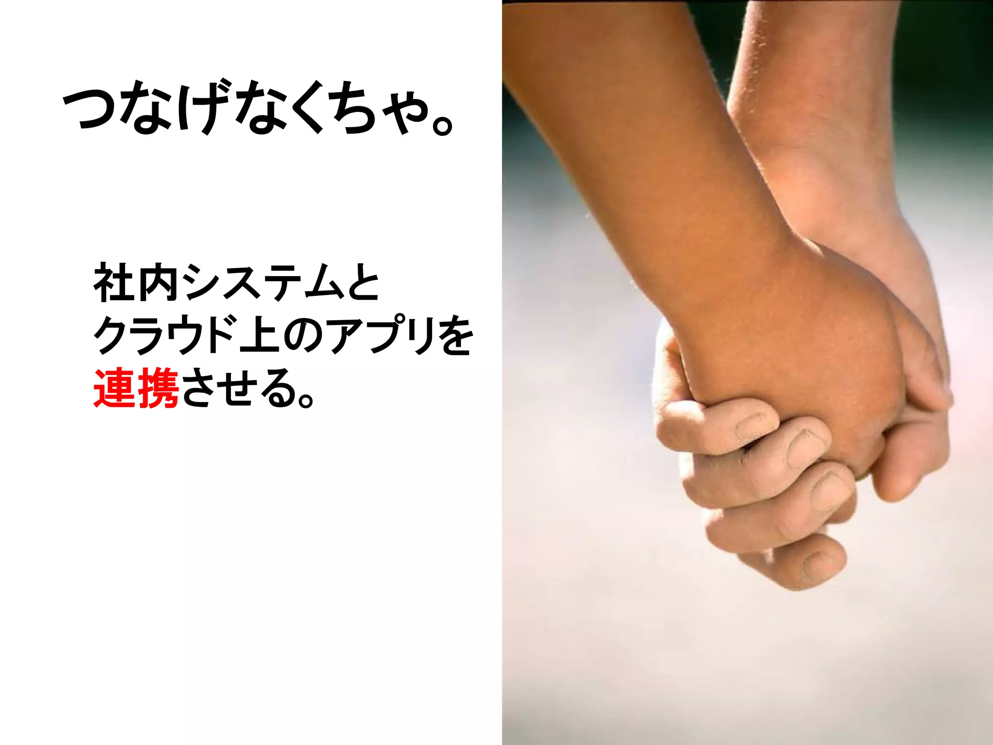 つなげなくちゃ。

社内システムと
クラウド上のアプリを
連携させる。
 